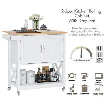 Spirich Kitchen Island on Wheels, Rolling Kitchen Cart with Storage Cabinet, Small Kitchen Island with Drop Leaf and Towel Rack for Dining Room, White