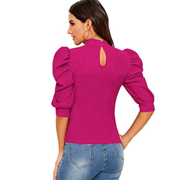 Romwe Women's Puff Sleeve Hot Pink Blouse for Stylish Women