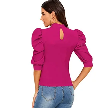 Romwe Women's Puff Sleeve Hot Pink Blouse for Stylish Women