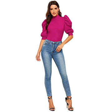 Romwe Women's Puff Sleeve Hot Pink Blouse for Stylish Women