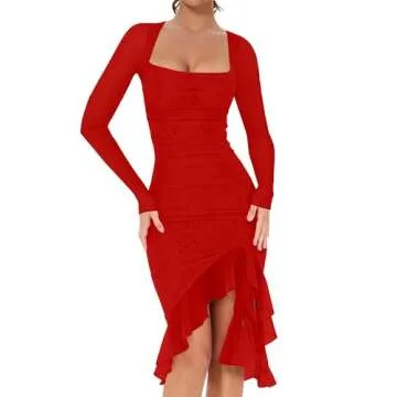 BORIFLORS Women's Sexy Ruched Bodycon Midi Dresses Elegant Mesh Long Sleeve Square Neck Ruffle Hem Cocktail Party Dress, X-Small, Red