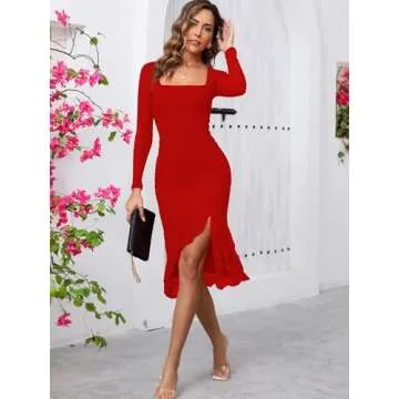 BORIFLORS Women's Sexy Ruched Bodycon Midi Dresses Elegant Mesh Long Sleeve Square Neck Ruffle Hem Cocktail Party Dress, X-Small, Red