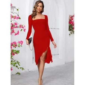 BORIFLORS Women's Sexy Ruched Bodycon Midi Dresses Elegant Mesh Long Sleeve Square Neck Ruffle Hem Cocktail Party Dress, X-Small, Red