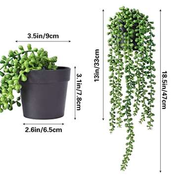 FUNARTY 2pcs Fake Plants Indoor Artificial String of Pearls Plant in Black Pots, Realistic Green Fak...