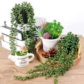 FUNARTY 2pcs Fake Plants Indoor Artificial String of Pearls Plant in Black Pots, Realistic Green Fake Hanging Plants for Shelf Decor Desk Home Garden Decorations