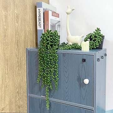 FUNARTY 2pcs Fake Plants Indoor Artificial String of Pearls Plant in Black Pots, Realistic Green Fake Hanging Plants for Shelf Decor Desk Home Garden Decorations