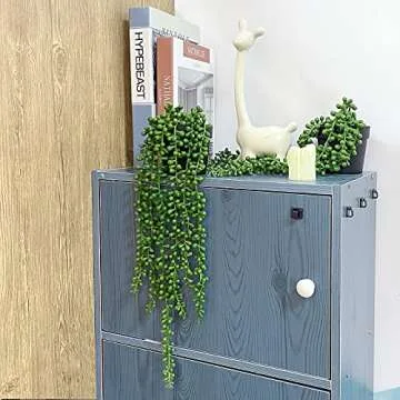 FUNARTY 2pcs Fake Plants Indoor Artificial String of Pearls Plant in Black Pots, Realistic Green Fake Hanging Plants for Shelf Decor Desk Home Garden Decorations
