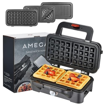 AMEGAT 3 in 1 Sandwich Maker, Waffle Maker with Removables Plates, Panini Press Waffle Iron Set with...