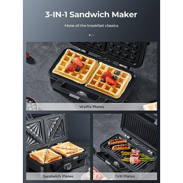 AMEGAT 3 in 1 Sandwich Maker, Waffle Maker with Removables Plates, Panini Press Waffle Iron Set with 5-gear Temperature Control, Non-stick Coating Cool Touch Handle Anti-skid Feet for Breakfast, 1200W