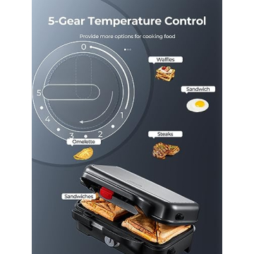 AMEGAT 3 in 1 Sandwich Maker, Waffle Maker with Removables Plates, Panini Press Waffle Iron Set with 5-gear Temperature Control, Non-stick Coating Cool Touch Handle Anti-skid Feet for Breakfast, 1200W