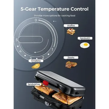 AMEGAT 3 in 1 Sandwich Maker, Waffle Maker with Removables Plates, Panini Press Waffle Iron Set with 5-gear Temperature Control, Non-stick Coating Cool Touch Handle Anti-skid Feet for Breakfast, 1200W