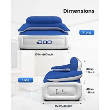 iDOO Inflatable Couch, Blow Up Sofa 3 Seater with Built-in Pump, Camping Inflatable Chair, Portable Air Couch with Backrest, Blow Up Lounger, 3-Min Fast Inflation Deflation, Easy to Storage