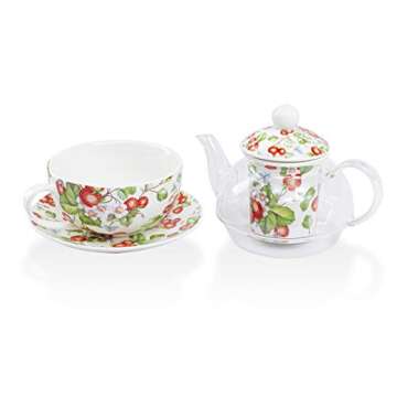 Grace Teaware 5-Piece Glass Porcelain 13-Ounce Tea For One With Infuser (Floral Strawberry Field)