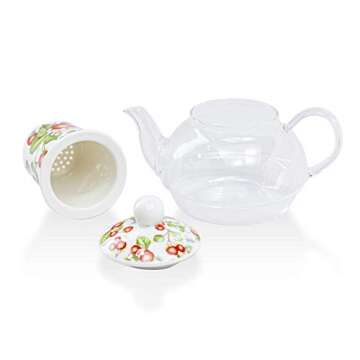 Grace Teaware 5-Piece Glass Porcelain 13-Ounce Tea For One With Infuser (Floral Strawberry Field)