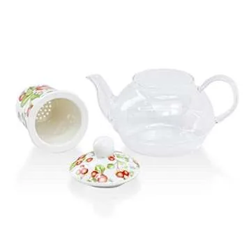 Grace Teaware 5-Piece Glass Porcelain 13-Ounce Tea For One With Infuser (Floral Strawberry Field)