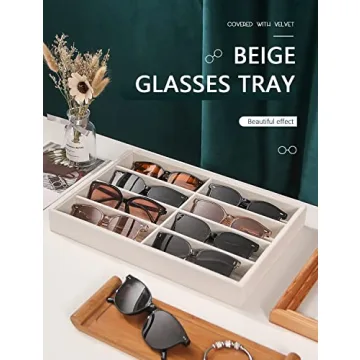 Coward Sunglass Organizer Tray, Beige Velvet Glasses Organizer Trays, Eyeglasses Watches Jewelry Display Organizer Tray Box for Men Women (8 Grids)