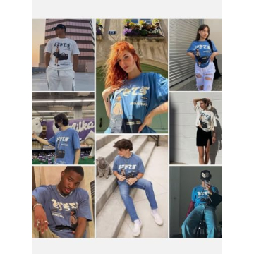 Aelfric Eden Mens Oversized T Shirts Tees Distorted Portrait Print Crew Neck Cotton Tops Streetwear Casual Shirt A-Blue