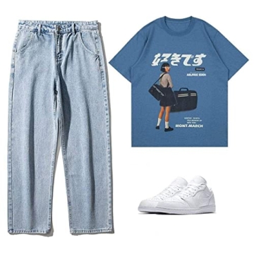 Aelfric Eden Mens Oversized T Shirts Tees Distorted Portrait Print Crew Neck Cotton Tops Streetwear Casual Shirt A-Blue