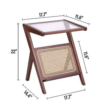 Tiita 2 Pack Rattan Side Table, Mid Century Nightstand, Bamboo Accent Bedside Tables, Glass Coffee Tables, Boho Wooden End Table with Storage for Small Space, Living Room and Bedroom