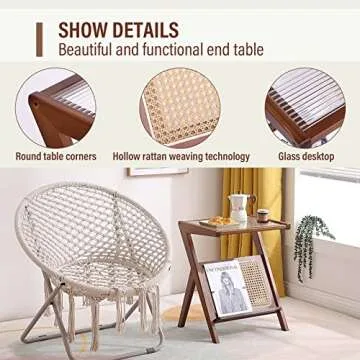 Tiita 2 Pack Rattan Side Table, Mid Century Nightstand, Bamboo Accent Bedside Tables, Glass Coffee Tables, Boho Wooden End Table with Storage for Small Space, Living Room and Bedroom