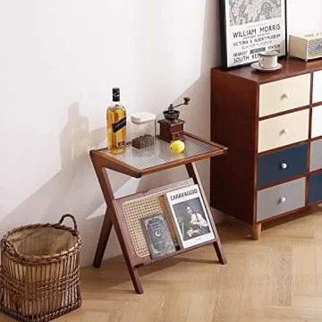 Tiita 2 Pack Rattan Side Table, Mid Century Nightstand, Bamboo Accent Bedside Tables, Glass Coffee Tables, Boho Wooden End Table with Storage for Small Space, Living Room and Bedroom