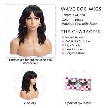 NA Black Wig Wavy Wigs Synthetic Short Bob Curly Black Wig with Bangs Natural Looking Heat Resistant...