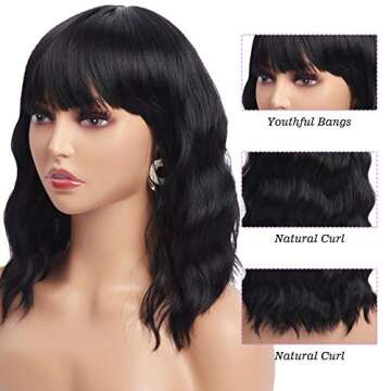 NA Black Wavy Short Bob Wig with Bangs for Women