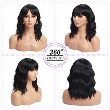 NA Black Wavy Short Bob Wig with Bangs for Women