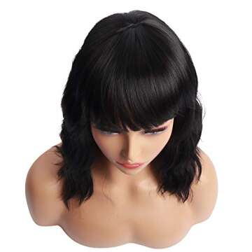NA Black Wavy Short Bob Wig with Bangs for Women