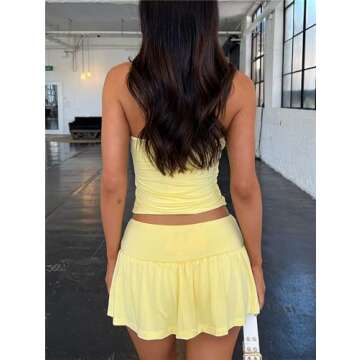 Two Piece Sets for Women Going Out Summer Y2K Tie Ruched Tube Crop Tops Low Rise Pleated Mini Skort 2 PC Skirts Outfits Yellow M