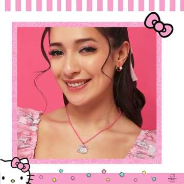Hello Kitty Sanrio Pave Pendant Necklace 16"+3" - Official License Necklace with Neon Pink Chain