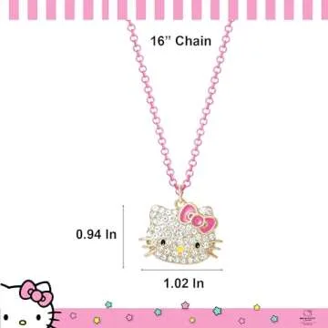 Hello Kitty Sanrio Pave Pendant Necklace 16"+3" - Official License Necklace with Neon Pink Chain