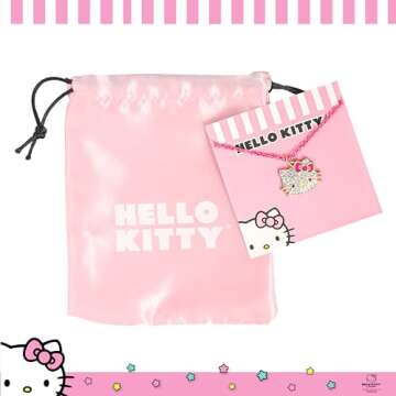 Hello Kitty Sanrio Pave Pendant Necklace 16"+3" - Official License Necklace with Neon Pink Chain