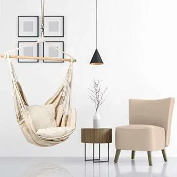 EverKing Hanging Rope Hammock Chair Porch Swing Seat, Large Hammock Net Chair Swing, Cotton Rope Porch Chair for Indoor, Outdoor, Garden, Patio, Porch, Yard - 2 Seat Cushions Included (White)