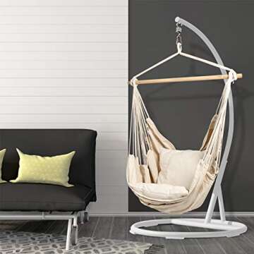 EverKing Hanging Rope Hammock Chair Porch Swing Seat, Large Hammock Net Chair Swing, Cotton Rope Porch Chair for Indoor, Outdoor, Garden, Patio, Porch, Yard - 2 Seat Cushions Included (White)