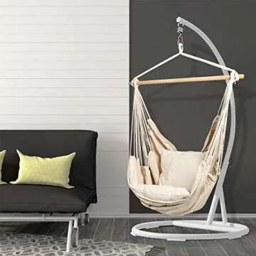 EverKing Hanging Rope Hammock Chair Porch Swing Seat, Large Hammock Net Chair Swing, Cotton Rope Porch Chair for Indoor, Outdoor, Garden, Patio, Porch, Yard - 2 Seat Cushions Included (White)