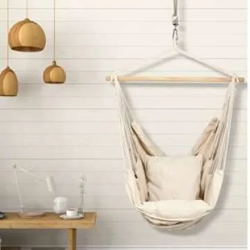 EverKing Hanging Rope Hammock Chair Porch Swing Seat, Large Hammock Net Chair Swing, Cotton Rope Porch Chair for Indoor, Outdoor, Garden, Patio, Porch, Yard - 2 Seat Cushions Included (White)