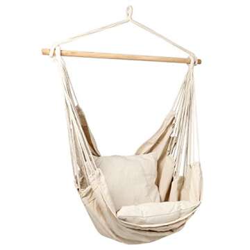 EverKing Hanging Rope Hammock Chair Porch Swing Seat, Large Hammock Net Chair Swing, Cotton Rope Porch Chair for Indoor, Outdoor, Garden, Patio, Porch, Yard - 2 Seat Cushions Included (White)