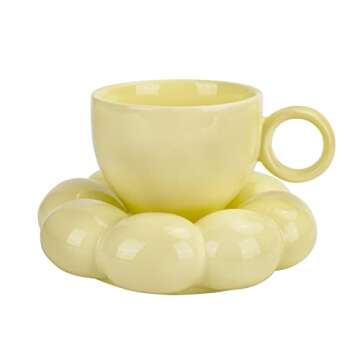 Koythin Ceramic Coffee Mug with Saucer Set, Creative Cute Cup with Sunflower Coaster for Office and Home, Dishwasher and Microwave Safe, 6.5 oz/200 ml for Tea Latte Milk (Lemon Yellow)