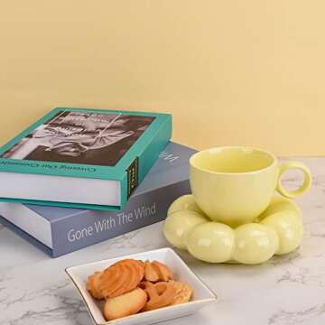 Koythin Ceramic Coffee Mug with Saucer Set, Creative Cute Cup with Sunflower Coaster for Office and Home, Dishwasher and Microwave Safe, 6.5 oz/200 ml for Tea Latte Milk (Lemon Yellow)