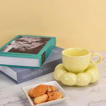 Koythin Ceramic Coffee Mug with Saucer Set, Creative Cute Cup with Sunflower Coaster for Office and Home, Dishwasher and Microwave Safe, 6.5 oz/200 ml for Tea Latte Milk (Lemon Yellow)