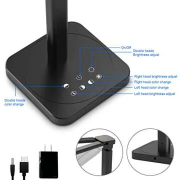 Mostorlit Double Head Led Desk Lamp, Eye Caring Double Swing Arm Table Lamps, USB Powered Reading Light, Lamp with 5 Steps Dimming and 5 Colors for Home, Office, Bedroom, Dormitory/Black