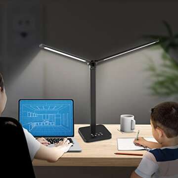 Mostorlit Double Head Led Desk Lamp, Eye Caring Double Swing Arm Table Lamps, USB Powered Reading Light, Lamp with 5 Steps Dimming and 5 Colors for Home, Office, Bedroom, Dormitory/Black