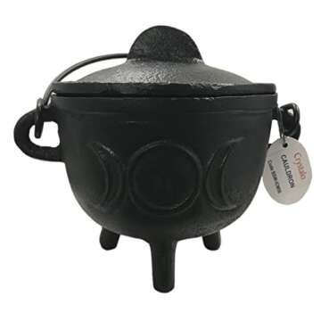 Crystalo - Triple Moon Cast Iron Cauldron with Lid, 4"