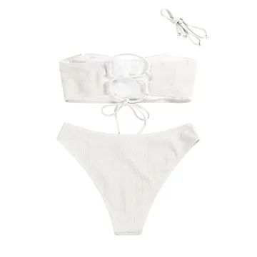ZAFUL Women Strapless Ribbed High Cut Bikini Set for Summer
