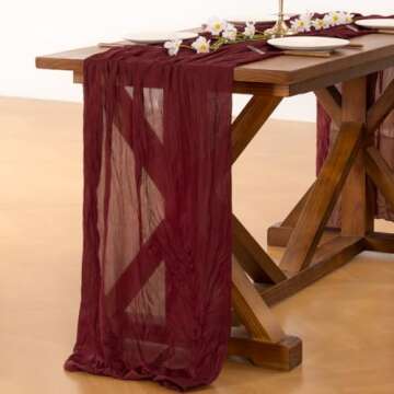 Socomi Burgundy Red Christmas Table Runner Cheesecloth Table Runner 120 inch Cheese Cloth Runner 10FT Boho Rustic Gauze Table Runner for Wedding Party Baby Shower Birthday Home Decor