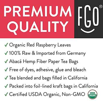 FGO Organic Red Raspberry Leaf Tea, 20 Eco-Conscious Tea Bags, Caffeine Free, Packaging May Vary (Pack of 1)