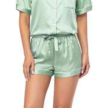 Serenedelicacy Women's Satin Pajama Set 2-Piece Sleepwear Loungewear Button Down Short Sleeve Silky PJ Set (Medium, Light Green)