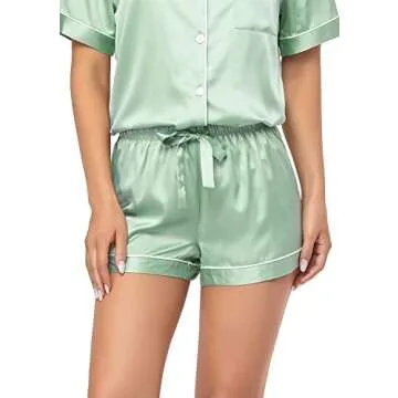 Serenedelicacy Women's Satin Pajama Set 2-Piece Sleepwear Loungewear Button Down Short Sleeve Silky PJ Set (Medium, Light Green)