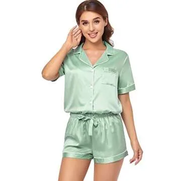 Serenedelicacy Women's Satin Pajama Set 2-Piece Sleepwear Loungewear Button Down Short Sleeve Silky PJ Set (Medium, Light Green)